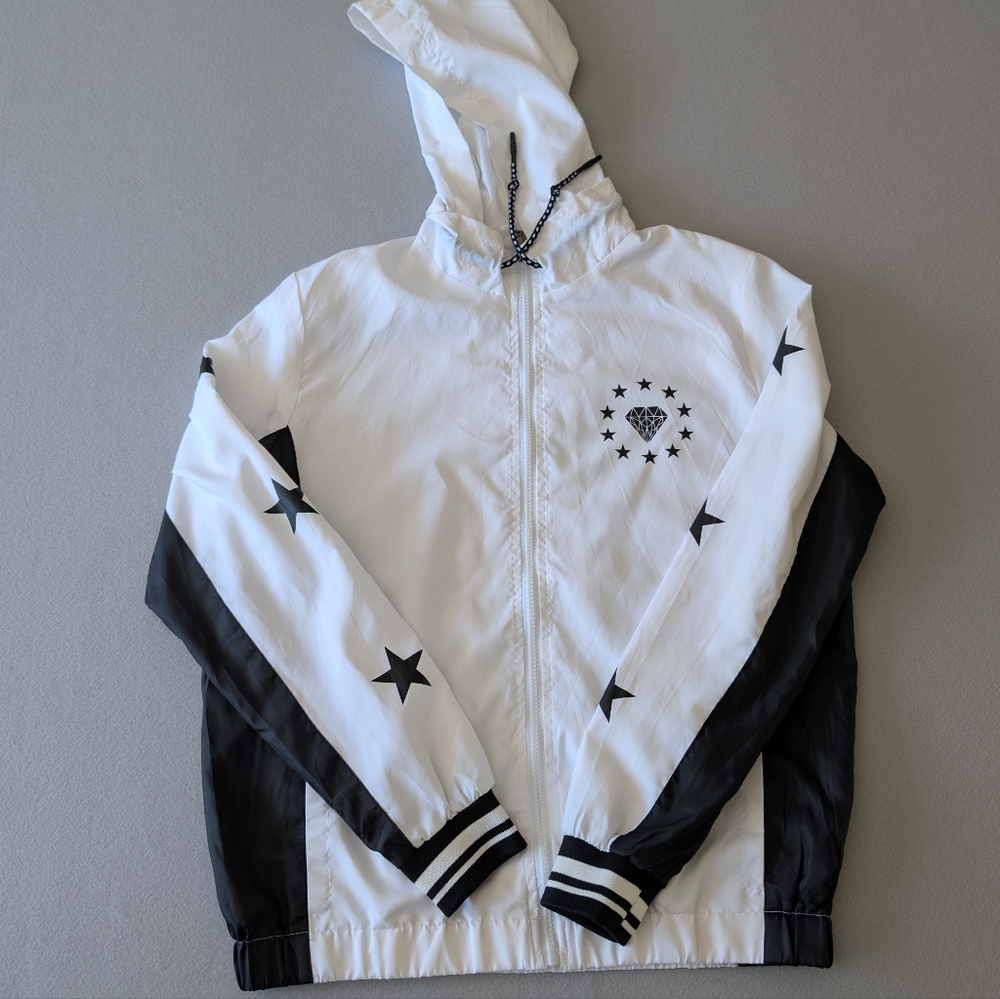 Streetwear Diamond Star Graphic Black White Hooded Windbreaker Jacket Sz S image 4